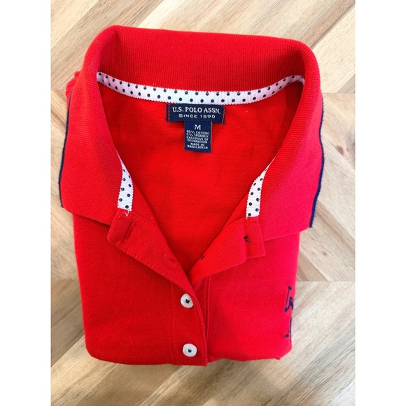 US Polo Assn Women M Red Short Sleeve Polo Shirt Dress Navy Trim Preppy Classic - Picture 7 of 7